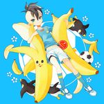  32_(mayama) bad_id bad_pixiv_id ball banana bike_shorts bird blue_eyes brown_hair food fruit fudou_akio holding holding_food holding_fruit inazuma_eleven inazuma_eleven_(series) inazuma_japan lightning_bolt male_focus mohawk navel penguin soccer_ball soccer_uniform solo sportswear telstar 