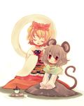  :3 animal_ears animal_print bad_id bad_pixiv_id bishamonten's_pagoda biyon blonde_hair capelet closed_eyes fang grey_hair hand_on_head hands_on_lap jewelry mouse_ears mouse_tail multiple_girls nazrin pendant petting red_eyes shawl sitting smile tail tiger_print toramaru_shou touhou v_arms 
