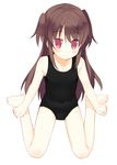  barefoot brown_hair feet flat_chest full_body hands_on_feet long_hair meito_(maze) one-piece_swimsuit original school_swimsuit solo swimsuit twintails 