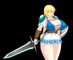  7961_shiki armor blonde_hair braid breasts cleavage curvy earrings erect_nipples female fighting_stance green_eyes hips holding huge_breasts jewelry long_hair miniskirt nipples shield shoulder_pads simple_background single_braid skirt solo sophitia_alexandra soul_calibur soulcalibur_ii standing sword thighs weapon wide_hips wristband wristbands 