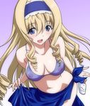  bad_id bad_pixiv_id bikini blonde_hair blue_eyes blue_hairband blue_sarong blush bottle breasts cecilia_alcott cleavage covered_nipples curly_hair drill_hair hairband infinite_stratos long_hair lotion marugoshi_teppei medium_breasts open_mouth perspective sarong see-through solo sunscreen swimsuit 