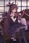  brown_hair couch cup drinking_glass gloves gothic_lolita lolita_fashion long_hair lowres necktie pantyhose red_eyes rednian short_hair sion_flina solo sword_girls vampire wine_glass wings 