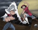  anchor closed_eyes crossover denim hat jeans male_focus monkey_d_luffy multiple_boys muscle neckerchief one_piece pants pipe popeye popeye_the_sailor sailor ship shorts source_request straw_hat tattoo water watercraft 