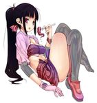  :p black_hair blush breasts cleavage cropped_jacket crossed_legs eating fork gloves grey_legwear legs midriff navel original ponytail red_eyes shiny shiny_clothes shoes single_shoe sitting skindentation skirt small_breasts solo spork strapless takada_kazuhiro tentacles thighhighs thighs tongue tongue_out tubetop watch 