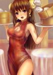  &gt;_&lt; :3 armpits bad_id bad_pixiv_id bamboo_steamer baozi blush breasts brown_hair bun_cover china_dress chinese_clothes cleavage cleavage_cutout closed_eyes double_bun dress earrings food jewelry long_hair medium_breasts open_mouth original purple_eyes shirt solo sweatdrop taut_clothes taut_shirt tray turtleneck tyun waitress 