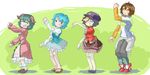  animal_ears bad_id bad_pixiv_id beret blue_eyes blue_hair blush brown_hair closed_eyes crossover dancing expressive_clothes gainer_sanga geta glasses green_hair hat heterochromia jiangshi kasodani_kyouko miyako_yoshika multiple_girls no_socks odd_one_out ofuda open_mouth outstretched_arms overman_king_gainer red_eyes shige_(unkman) smile sweatdrop tatara_kogasa the_monkey touhou translated zombie_pose 