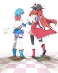  bare_shoulders blue_eyes blue_hair boots cape checkered checkered_floor detached_sleeves food from_behind grin holding_hands komoreg long_hair magical_girl mahou_shoujo_madoka_magica miki_sayaka mouth_hold multiple_girls neck_ribbon pocky ponytail red_eyes red_hair ribbon sakura_kyouko shadow short_hair smile thighhighs 