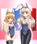  amelie_planchard animal_ears brown_hair bunny_ears bunnysuit flag french_flag glasses green_eyes long_hair multiple_girls mushoku_no_hourousha pantyhose perrine_h_clostermann short_hair strike_witches thighhighs world_witches_series yellow_eyes 