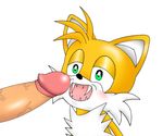  canine circumcised disembodied_penis duo fangs fox gay green_eyes male mammal miles_prower ouch penis plain_background sega size_difference sonic_(series) unknown_artist white_background 