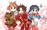  :d ;d arawi_keiichi_(style) armor belt blue_hair blush brown_hair commentary_request crossover forehead_protector gloves gold_trim grey_hair hair_ornament helmet horse hyadain_no_kakakata_kataomoi_-_c japanese_armor japanese_clothes kabuto kiso_yoshimasa kusazuri long_hair male_focus multiple_boys naito_masatoyo nichijou ninja one_eye_closed open_mouth outstretched_hand parody patimon pointing red red_eyes red_gloves samurai sengoku_taisen shikoro shoulder_armor smile sode stuffed_animal stuffed_toy style_parody tada_mitsuyori tassel vest 