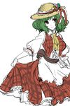  apron ascot bad_id bad_pixiv_id green_hair hat kazami_yuuka long_skirt partially_colored plaid plaid_skirt plaid_vest red_eyes ririvery short_hair simple_background sketch skirt skirt_hold smile solo sun_hat touhou vest waist_apron 