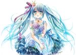  :o bare_shoulders bell blue_eyes blue_hair bouquet choker clothes_grab crown dress flower frilled_dress frills hatsune_miku hydrangea long_hair open_mouth pony_(artist) ribbon_choker signature sleeveless smile solo twintails vocaloid 