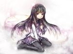  akemi_homura ameiro between_legs black_hair face hand_between_legs long_hair mahou_shoujo_madoka_magica pantyhose purple_eyes purple_skirt school_uniform sitting skirt solo tears wariza 