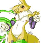  2003 bdsm blue_eyes blush bondage breasts canine chest_tuft claws cum digimon eyes_closed female fox gloves l1zardman markings nude pussy renamon solo standing tail tentacles yellow 