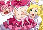  blonde_hair blush bow cure_melody cure_rhythm earrings eyelashes face green_eyes groping hairband hands head_out_of_frame houjou_hibiki jewelry long_hair magical_girl midriff minamino_kanade multiple_girls nail_polish navel o_o open_mouth pink_bow pink_hair precure shouting skirt spread_navel suite_precure uvula yuuki_maya 