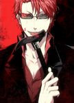  akabayashi bad_id bad_pixiv_id banned_artist blood cane collarbone durarara!! glasses highres licking male_focus open_collar red_eyes red_hair s_tanly scar solo upper_body 
