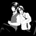  axis_powers_hetalia black_hair china_(hetalia) greyscale japan_(hetalia) monochrome multiple_boys necktie simple_background star_0619 