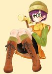  bike_shorts boots chrono_trigger ebimomo full_body glasses green_eyes hammer helmet highres lucca_ashtear purple_hair scarf short_hair solo weapon 