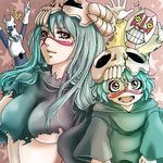  aoi-mitsubachi arrancar bad_id bad_pixiv_id bleach breasts dondochakka_birstanne dual_persona espada facial_mark green_hair horns long_hair medium_breasts multiple_girls nelliel_tu_odelschwanck pesche_guatiche short_hair skull star torn_clothes underboob 