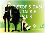  1girl blonde_hair brother_and_sister chair controller famicom formal game_console game_controller gamepad hair_ornament hairclip headphones headphones_around_neck kagamine_len kagamine_rin lancha necktie remote_control rimocon_(vocaloid) short_hair siblings suit twins vocaloid 