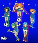  ball female hasuike_an inazuma_eleven inazuma_eleven_(series) kurakake_clara kurione_yuki rezigigasunoyume soccer_ball soccer_uniform sportswear sumeragi_maki touchi_ai yagami_reina 