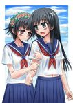  arm_hug black_hair blue_eyes blush brown_eyes flower hair_flower hair_ornament head_wreath long_hair masarou multiple_girls open_mouth sakugawa_school_uniform saten_ruiko school_uniform serafuku short_hair skirt smile to_aru_kagaku_no_railgun to_aru_majutsu_no_index uiharu_kazari 