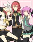  armpits bad_id bad_pixiv_id belt cheria_barnes cosplay dress food hairband hatsune_miku hatsune_miku_(cosplay) highres kagamine_rin kagamine_rin_(cosplay) locked_arms megurine_luka megurine_luka_(cosplay) midriff multiple_girls necktie pascal purple_eyes purple_hair red_eyes red_hair ribbon shirako_miso short_hair short_shorts shorts skirt socks sophie_(tales) tales_of_(series) tales_of_graces thighhighs twintails v vocaloid yellow_eyes zettai_ryouiki 