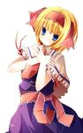  alice_margatroid alternate_hairstyle bad_id bad_pixiv_id blonde_hair blue_dress blue_eyes capelet dress hair_ribbon hands_on_own_chest rairateru ribbon sash solo touhou upper_body white_capelet 