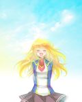  :d ame_erika arms_behind_back bad_id bad_pixiv_id banned_artist blazblue blonde_hair blush closed_eyes long_hair noel_vermillion open_mouth school_uniform sky smile solo 