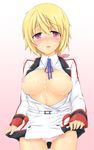  bad_id bad_pixiv_id blonde_hair blush breasts breasts_outside charlotte_dunois cum cum_on_body cum_on_breasts cum_on_upper_body facial highres infinite_stratos itou_ayachi large_breasts nipples open_clothes open_mouth panties pink_panties ponytail purple_eyes ribbon solo tears underwear 