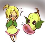  1girl :o bare_shoulders barefoot blonde_hair censored detached_sleeves dress full_body gen_1_pokemon green_dress hand_to_own_mouth hitec moemon one_side_up open_mouth personification pokemon pokemon_(creature) short_hair side_ponytail surprised translation_request weepinbell white_background 