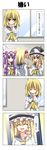  4girls 4koma :d ^_^ alice_margatroid alternate_costume blonde_hair cellphone cellphone_camera closed_eyes comic crescent green_eyes hat highres kirisame_marisa mizuhashi_parsee multiple_girls open_mouth patchouli_knowledge phone purple_eyes purple_hair rappa_(rappaya) school school_uniform smile touhou translated witch_hat yellow_eyes 