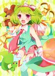  ai-kun alien asprach bow fang green_hair hair_bow highres macross macross_frontier macross_frontier:_sayonara_no_tsubasa ranka_lee red_eyes short_hair smile solo stuffed_animal stuffed_toy thighhighs vajra 