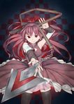  bad_id bad_pixiv_id bare_shoulders black_legwear chain checkered checkered_background detached_sleeves fang foreshortening harmaline highres long_hair magical_girl mahou_shoujo_madoka_magica outstretched_arm outstretched_hand polearm ponytail red_eyes sakura_kyouko short_hair smile solo spear thighhighs weapon zettai_ryouiki 