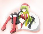  bad_id bad_pixiv_id black_gloves black_legwear boots breasts c.c. ccllsaikou cleavage cleavage_cutout code_geass full_body gloves green_hair green_scarf hat heart_cutout knee_boots long_hair medium_breasts pink_background red_footwear red_skirt santa_boots santa_costume santa_hat scarf simple_background skirt solo thighhighs yellow_eyes 