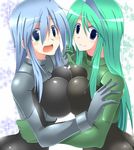  2girls armored_core armored_core:_for_answer ass ay_pool big_breasts blush bodysuit breast_press breasts embarrassed from_software hairband hand_holding hand_on_hip hips hug huge_breasts large_breasts listless_time long_hair may_greenfield ment multiple_girls open_mouth pilot_suit skin_tight smile symmetrical_docking yuri 