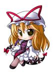  blonde_hair blush bow chibi closed_fan dress eyes fan folding_fan gap hat hat_bow highres long_hair shinjitsu sitting smile solo touhou yakumo_yukari yellow_eyes 