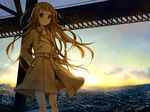  blonde_hair bridge city cityscape cloud coat green_eyes hands_in_pockets long_hair original scenery shorts sky solo sunrise yuzuki_kihiro 