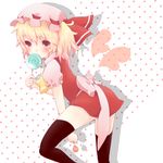  black_legwear black_thighhighs blonde_hair blush candy dress female flandre_scarlet hat lollipop red_eyes sailor_antei side_ponytail solo the_embodiment_of_scarlet_devil thighhighs touhou white_background wings 