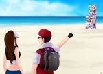  1girl 2-bit back baseball_cap beach black_hair brown_hair day gameplay_mechanics hat khalitzburg master_ball midriff missingno. outdoors poke_ball pokemon pokemon_(game) pokemon_bw red_(pokemon) red_(pokemon_rgby) sky touko_(pokemon) vest 