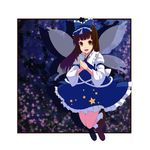  bad_id bad_pixiv_id blue_dress brown_eyes brown_hair dress hair_bun hands_together highres jumping long_hair own_hands_together smile solo star star_print star_sapphire touhou tsuttsu wings 