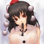  black_hair hat head_tilt highres kuku_px looking_at_viewer mouth_hold red_eyes shameimaru_aya short_hair solo tokin_hat torn_clothes touhou upper_body wet wet_clothes 