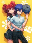  belt blue_eyes blue_hair boyaking brown_eyes brown_hair collared_shirt denim earrings face hat hug hug_from_behind jeans jewelry kujikawa_rise looking_at_another miniskirt multiple_girls pants persona persona_4 reverse_trap school_uniform serafuku shirogane_naoto shirt short_hair simple_background skirt smile twintails 