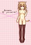  1girl absurdres animal_ears artist_request blonde_hair blush breasts cat_ears cat_tail futanari highres little_penis looking_at_viewer nipples penis pointing red_eyes short_hair small_penis smile solo tail thighhighs 