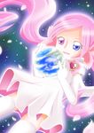  blue_eyes earth elbow_gloves eyelashes giantess gloves heartcatch_precure! heterochromia highres mugen_silhouette pink_eyes pink_hair precure solo space tbt_ryo thighhighs twintails 
