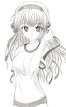  absurdres adjusting_hair estel_freesia graphite_(medium) greyscale gym_uniform hairband highres long_hair monochrome rinsu simple_background solo traditional_media yoake_mae_yori_ruri_iro_na 