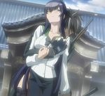  black_hair breast_grab busujima_saeko grope gun highschool_of_the_dead komuro_takashi side_slit stitch temple weapon 