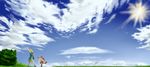 96@jikankure cloud day el_cazador_de_la_bruja ellis_(el_cazador_de_la_bruja) grass highres multiple_girls nadie outstretched_arms pointing scenery sky smile spread_arms tree 