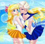  2girls aino_minako arm_grab bishoujo_senshi_sailor_moon blonde_hair blue_eyes breasts choker cleavage elbow_gloves eye_contact gloves hair_ribbon heart hug lips ribbon sailor_suit sailor_uranus sailor_venus see-through shine shining short_hair shy skirt smile star surprise surprised tagme tenou_haruka very_long_hair yuri 