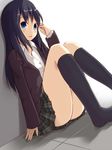  black_hair blazer blue_eyes jacket kuro_(be_ok) long_hair original plaid plaid_skirt school_uniform skirt socks solo 